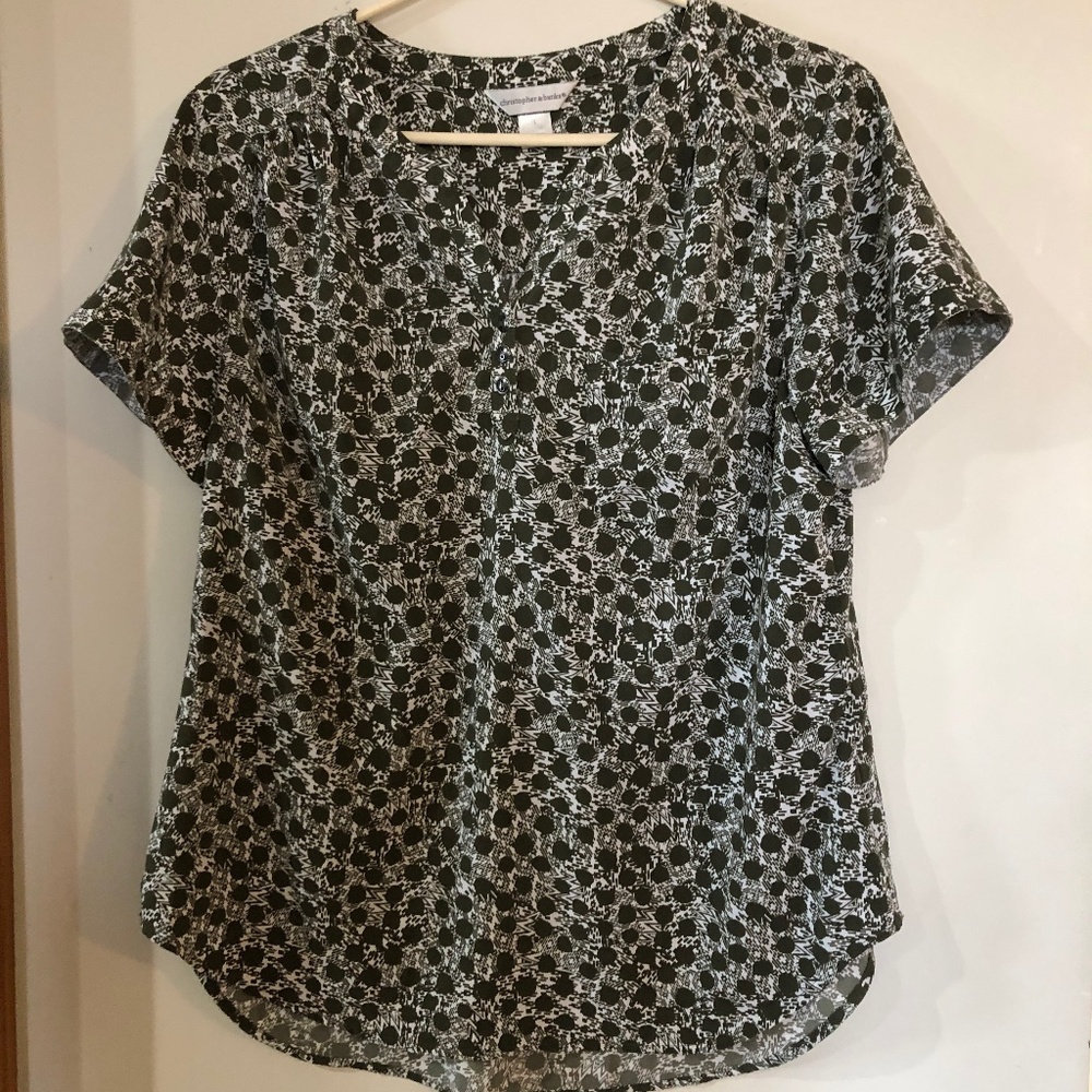 Brown & cream patterned hi-low SS tunic, L, Christopher & Banks